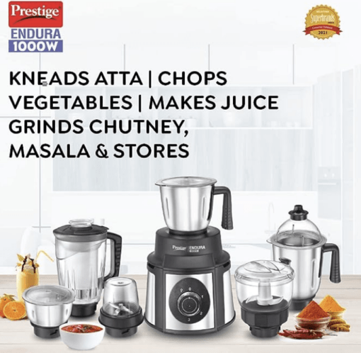 Prestige Endura 1000W Mixer Grinder, 6 Jars (1500 ml, 1000 ml, 1500 ml, 450 ml) (Black, Silver) - Image 2
